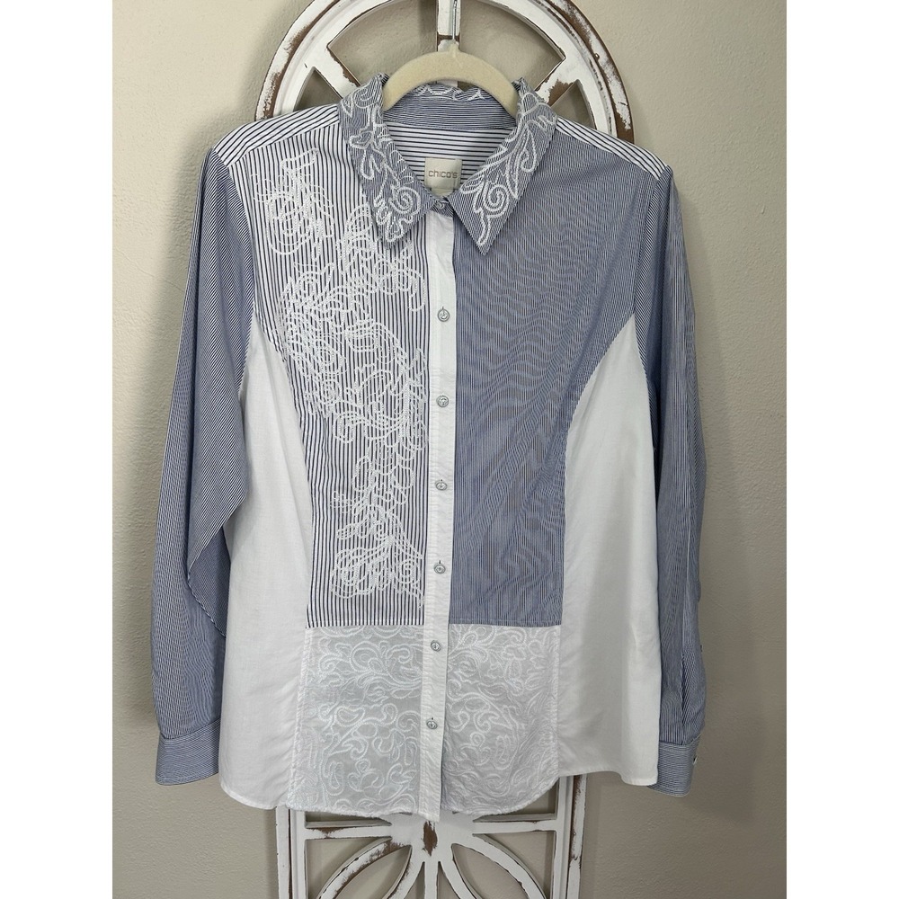 Chicos SIZE 2 Embroidered Patchwork Stripe Long Sleeve Button Up Cotton Blouse
